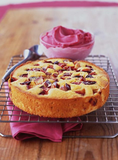 European Dessert Recipes, Plum Cake Recipe, Cornmeal Cake, Plum Recipes, Healthy Freezer Meals, Summer Baking, Canned Fruit, British Baking, Plum Cake