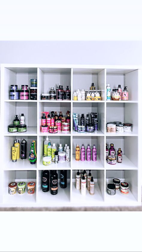 I love these shelves from IKEA! Ive organized all of my hair care products on these shelves it looks super clean and organized! #productjunkie #hairproducts #ikea #shelves #organization #organize #aesthetic Shelves For Hair Products, Organize Aesthetic, Product Organization, Shelves Organization, Hair Room, Beginner Skin Care Routine, Hair Product Organization, Makeup Shelves, Kallax Shelf