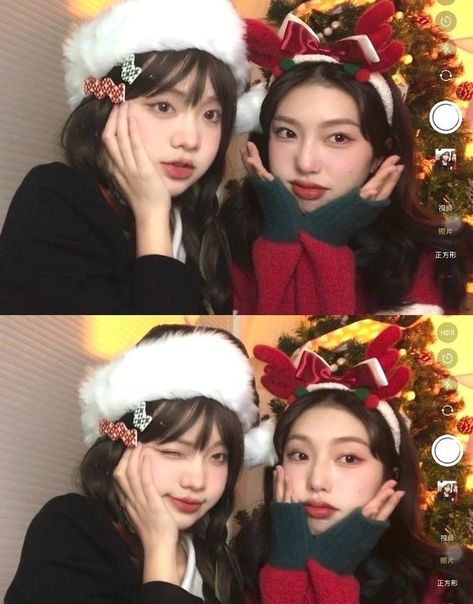 Christmas Selfie Ideas, Christmas Selfie, Picture Pose Ideas, Cute Friend Poses, Korean New Year, Christmas Poses, Sleepover Games, Christmas Picture, 사진 촬영 포즈