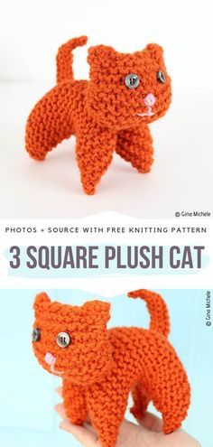 Easy Animals from a Square Free Knitting Patterns Kat Haken, Animal Knitting, Kids Knitting, Beginner Knitting, Easy Animals, Animal Knitting Patterns, Knitted Cat, Cutest Animals, Knitted Animals