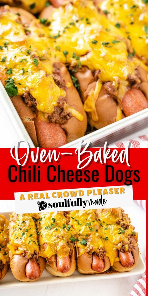 2 image collage for oven baked cheese dogs. Oven Chili Dogs, Oven Baked Chili Cheese Dogs, Oven Baked Hotdogs, Chili Dogs In Oven, Baked Chili Dogs, Chilli Cheese Dogs, Meaty Chili, Chili Dog Bake, Baked Chili Cheese Dogs