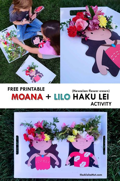 Disney Moana + Lilo Haku Lei Activity - The Aloha Hut Lilo And Stitch Preschool Activities, Lilo From Lilo And Stitch, Making Leis, Hawaiian Haku, Hawaiian Flower Crown, Tropical Arrangements, Haku Lei, Disney Activities, Kindergarten Activity