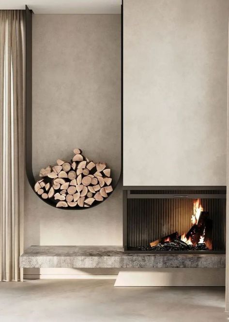 Home Interior Design Dining Room, Fireplace Decor Ideas, Fireplace Modern Design, Contemporary Fireplace Designs, Wooden Mantel, White Fireplace, Fireplace Hearth, Moroccan Pouf, Modern Fireplace