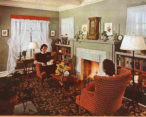 1940s House Decor, 1940s Interior Design Living Rooms, 1940s Home Aesthetic, 1940 Living Room, 1940s Home Decor Interior Design, 40s Architecture, 1940s Decor Interior Design, 40s Interior Design, 1940s Room