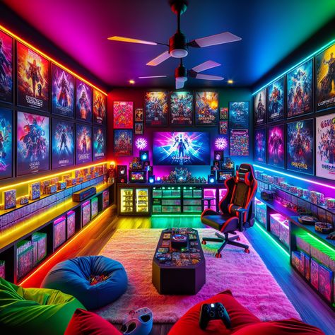 Experience the ultimate gaming retreat in a spacious, neon-lit man cave. Enjoy immersive play with a widescreen setup, multiple consoles, and soundproofing. Lounge with friends on comfry bean bags, surrounded by game memorabilia and a snack-stocked mini fridge. #GamingRoom #ManCave #VideoGames #GameCollectibles #GamingSetup #MultiplayerExperience Walk In Closet Game Room, Luxury Gaming Room, Game Room Setup, Gaming Room Ideas, Games Room Inspiration, Game Room Lighting, Gaming Bedroom, Gaming Lounge, Gamer Bedroom