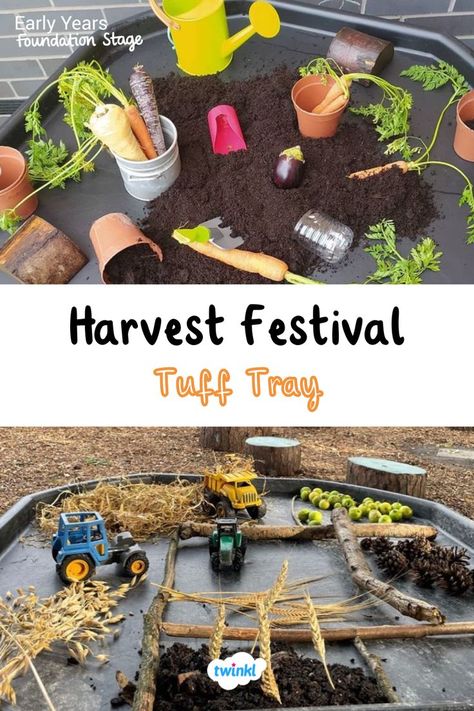 Explore harvest festival with these lovely activity tray ideas. Click on the pin for plenty more! Harvest Festival Activities For Preschool, Autumn Construction Eyfs, Harvest Early Years, Early Years Harvest Activities, Harvest Festival Tuff Tray, Harvest Festival Preschool Activities, Outdoor Tuff Tray Ideas Eyfs Autumn, Harvest Festival Tuff Tray Ideas, September Eyfs Activities