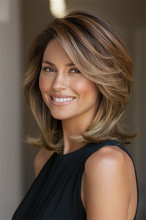 Discover the beauty of balayage hair in stunning layered styles perfect for any season! Whether you prefer chin length, shoulder length, or long hair, a layered balayage can enhance your look with depth and dimension. From soft babylights to striking ombre effects, this technique allows for a low-maintenance yet vibrant hairstyle. Embrace the chic contrast of dark roots and highlights, and find your perfect color this Spring! #BalayageHair #HairInspo #LayeredHair #HairGoals Layered Haircuts For Women Short, Hair Colour For Shoulder Length Hair, Hair Color Styles For Long Hair, Above The Shoulder Haircut With Layers And Bangs, Dark Blonde Highlighted Hair, Shoulder Length Hair With Soft Layers, Light Brown Hair With Caramel Highlights Shoulder Length, Shoulder Length Hair Balayage Brunettes, Half Updo Medium Hair