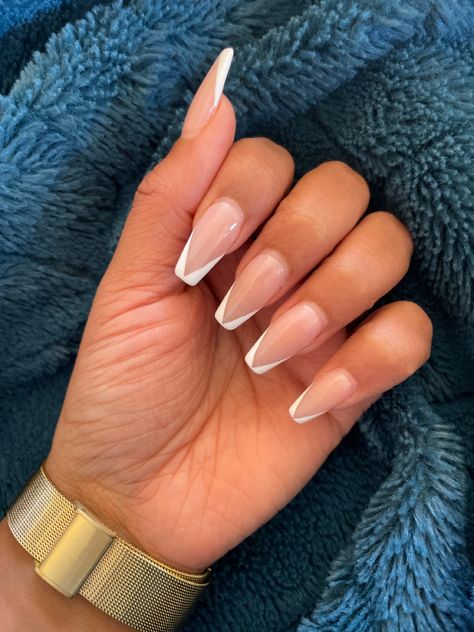 French Tips With Coffin Shape, Deep French Coffin, Blue V Shape French Tip Nails, White V French Tip Nails Square, French V Manicure, Short Coffin V French Tip Nails, Chevron French Tip Nails Coffin, French Triangle Tip Nails, French Nails On Square Shape