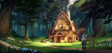 ArtStation - Cabin in the woods, Juliana Braga Fantasy Cabin Interior Concept Art, Cabin In The Woods Concept Art, Forest Cottage Drawing, House In The Woods Illustration, Fantasy House In The Woods, Fantasy Cabin In The Woods, House In The Woods Drawing, House In The Woods Art, Cabin Concept Art