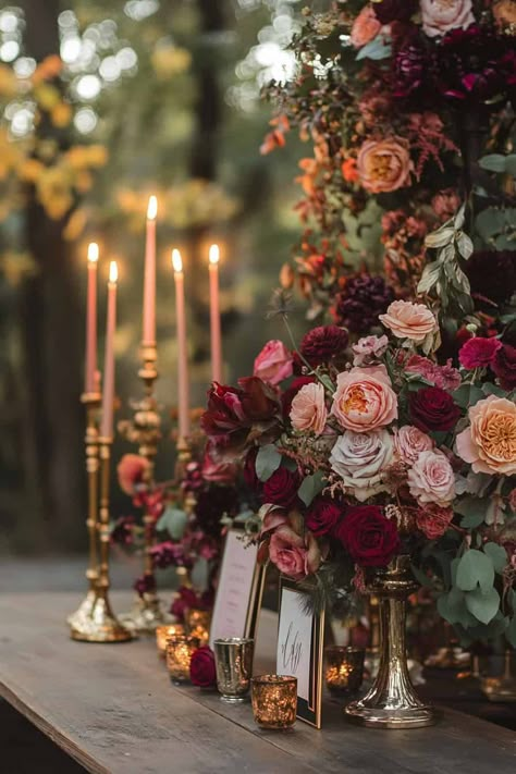 Dark And Moody Purple Wedding, Fall Glamour Wedding, Soft Romance Wedding Theme, Jewel Colors Wedding, Moody Fall Wedding Ceremony, Moody Fantasy Wedding, Dark Forest Wedding Flowers, Ethereal Moody Wedding, Moody Romance Aesthetic