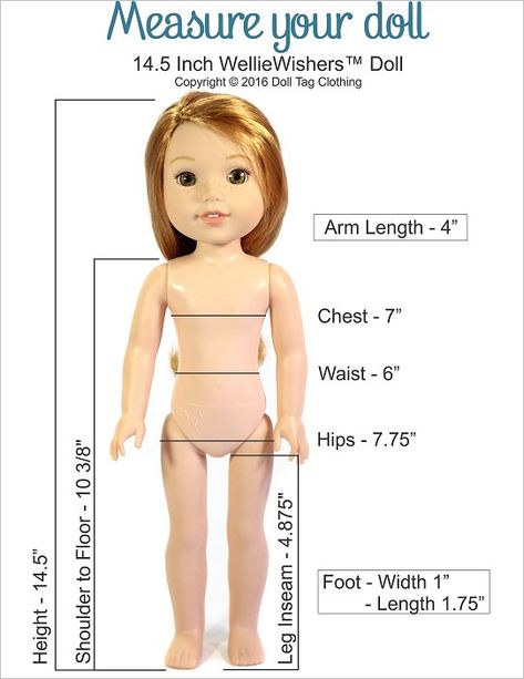 14.5 inch WellieWishers doll measurements by Doll Tag Clothing Disney Toddler Dolls, Doll Measurements, American Girl Wellie Wishers, American Girl Doll Diy, Sister Dolls, Wellie Wishers Dolls, American Girl Doll Patterns, American Girl Doll Clothes Patterns, Sewing Doll Clothes