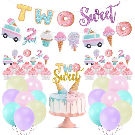 PRICES MAY VARY. Latex 🍦🍧🍨【Two Sweet Girl Birthday Decorations】The multi-colored party decoration kit comes with 1Pc “TWO SWEET” banner,1pc Ice cream and donut Garland, 1Pc Two Sweet Cake Topper,12Pcs ice cream Cupcake Toppers,40Pcs balloons(10 x macarone purple, 10 x macarone pink, 10 x macarone yellow, 10 x aqua blue).All the content are made in professional supervision and designed from long-lasting quality material. 🍦🍧🍨【Kids 2nd Birthday Party Ideas】These two sweet birthday backdrop ar