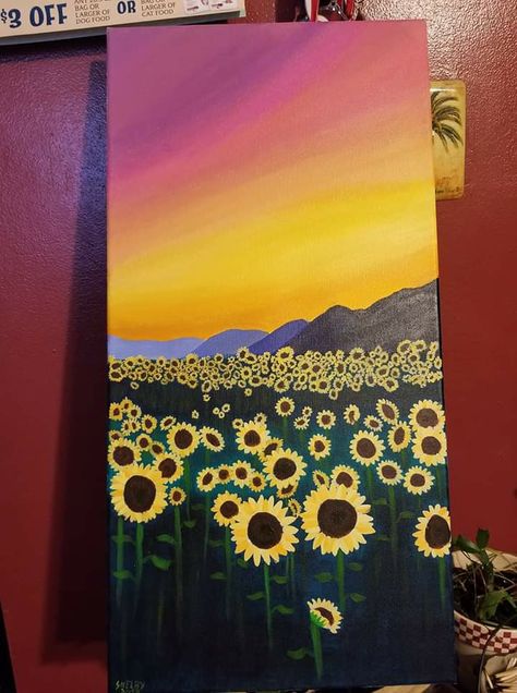 Acrulic Sunflower field painting Christmas of 2018 Sunflower Field Painting, Sunset Painting Easy, Hippie Crafts, Sunflower Sunset, Field Paint, Sunflower Drawing, Dash Board, Field Painting, Board Painting