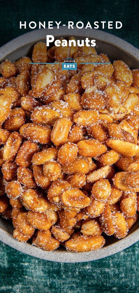 Crunchy, roasted peanuts coated in a honey butter glaze and finished with a light dusting of sugar and salt. #Snacks #EasyRecipes #SeriousEats Glazed Peanuts Recipe, Salt Snacks, Honey Butter Glaze, Honey Roasted Peanuts, Butter Glaze, Homemade Pantry, Peanut Recipes, Butter Toffee, Nut Recipes