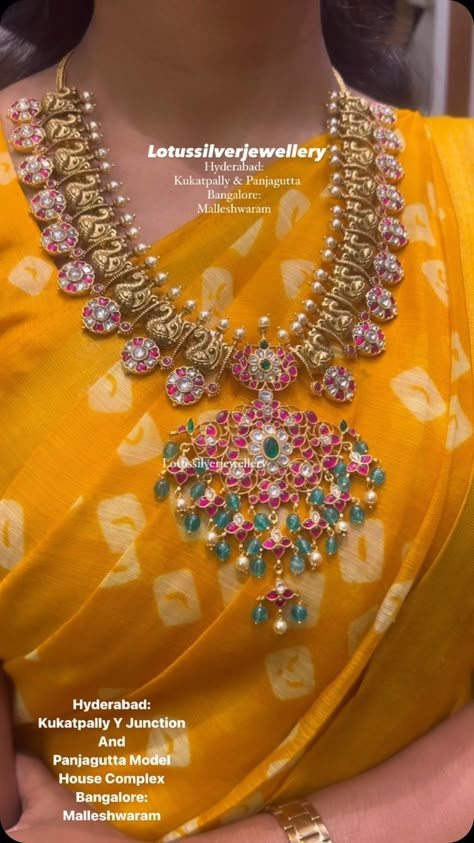 Gold Plated Kundan Jadau Long Necklace From 'Antique Lotus' • South India Jewels South Indian Haram Designs, Long Nakshi Haram, Bottu Mala Designs, Long Haram Gold Jewellery Designs, Bottu Mala, Nakshi Necklace, Mala Designs, Vintage Indian Jewelry, Jadau Jewellery