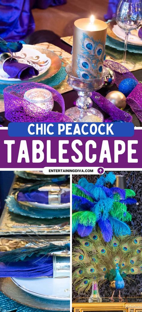 This peacock tablescape is gorgeous! I love the purple, green, gold and teal colors. It will be great for my Mardi Gras themed birthday party table decorations. Click through to find more great table decorating ideas. Peacock Table Setting, Peacock Birthday Theme, Peacock Decorating Ideas, Peacock Tablescape, Peacock Theme Decoration, Peacock Party Theme, Peacock Party Decorations, Peacock Wedding Centerpieces, Peacock Birthday Party