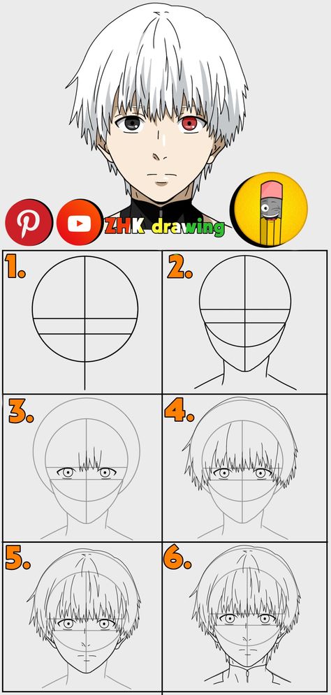 Subscribe to my channel for more tutorial #kenkaneki #tokyoghoul #anime #drawing #draw #tutorial Drawing Anime Head Step By Step, How To Create Anime, Anime Drawing Tricks, How To Make Anime Face, How To Anime, How To Draw Anime Tutorials, Tokyo Ghoul Drawing Easy, How To Draw An Anime Face, How To Draw Anime For Beginners