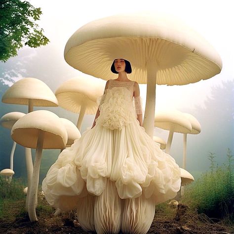 #mushrooms Fashion Inspired By Mushrooms, Mushroom Fashion Inspiration, Mushroom Inspired Fashion, Mushroom Photoshoot, Fashion Inspired By Nature, Mushroom Fashion, Mushroom Dress, Mushroom Costume, Met Gala Outfits