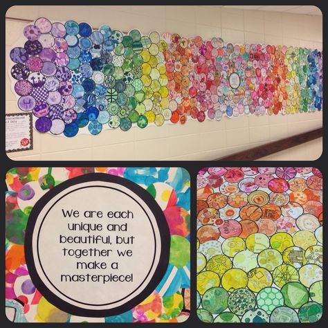 All-school Dot Day mural Collaborative Mural Preschool, The Dot Collaborative Art Project, School Wide Collaborative Art, Collaborative School Art Projects, Collaborative Mural Middle School, Dot Day Bulletin Board Ideas, Art Classroom Display Ideas, School Wide Art Projects, International Dot Day Art Projects