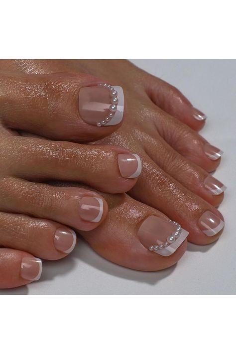 Press on Toenails Short for Women, Acrylic Square Toe Nail Press Ons Full Cover, 12 Sizes 24 Pcs French Tip Fake Toe Nails with 48 Pcs Jelly Stickers and Glue (French Pearls) Bride’s Nails, Bridal Nails Wedding Short, Bride Toe Nails, Short Bridal Nails Wedding, Bridal Toe Nails Wedding, Bride Toes Nails, French Nails Toes, Nails Foot Design, Wedding Toenails