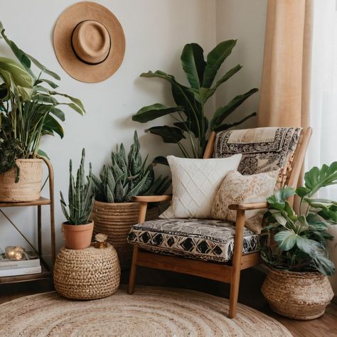 ⚠️LINK IN BIO⚠️ A serene bohemian reading nook with a cozy armchair, lush greenery, and a delightful mix of textures and patterns for a relaxing atmosphere. #ReadingNook #Bohemian #Cozy #Plants #Textures Boho Chairs Living Room, Patio Reading Nook, Boho Reading Nook, Cozy Armchair, Neutral Bohemian, Boho Chair, Textures And Patterns, Guest Room Office, Cozy Chair