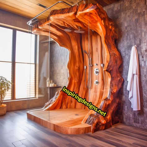 These Epic Showers Are Made From Giant Slabs of Live Edge Wood – Inspiring Designs Wooden Bathtub, Boho Outdoor, Rustic Bathroom Designs, Rustic Home Design, Rustic Bathrooms, Ideas Patio, Live Edge Wood, Patio Decorating, Interior Design Art