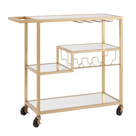 Show off your bold modern style at your next dinner party with the Estelle Step Tier Metal and Glass Bar Cart from Inspire Q. Perfect for every occasion, this cart is both fashionable and functional. All your hosting essentials can be kept in one place, thanks to wine racks, stemware racks, and four ample shelves. Caster wheels make mobility a breeze, allowing you to entertain in every room of your home. This classy bar cart has multiple striking finish options on the sturdy metal frame to choos Classy Bar Cart, Metal Bar Cart, Gold Bar Cart, Bar In Casa, Glass Bar Cart, College House, College Room, Glass Bar, Inspire Me Home Decor