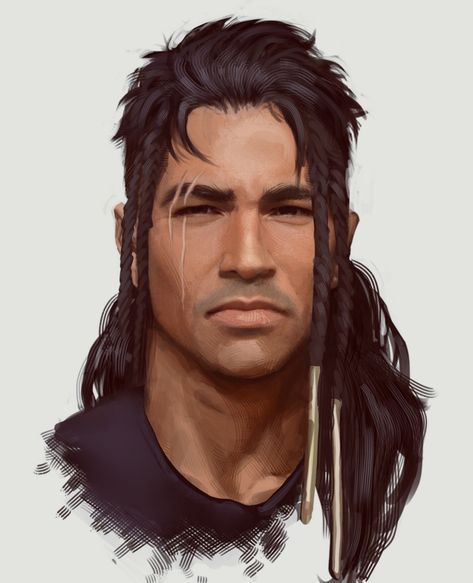 Character Design Native American, Native American Character Design Female, Native Dnd Character, Native American Man Drawing, Native American Cyberpunk Art, Dnd Native American, Native American Male Art, Native Oc Male, Native American Werewolf