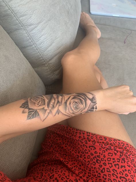 Rose Tattoo Lower Arm, Arm Roses Tattoo, Roses On Forearm Tattoo Women, Big Rose Tattoo Arm, Tattoo Arm Cover Up, Rose Upper Arm Tattoo, Last Name Tattoo For Women Arm, Rose Tattoo On Forearm For Women, Rose Tattoo On Arm For Women