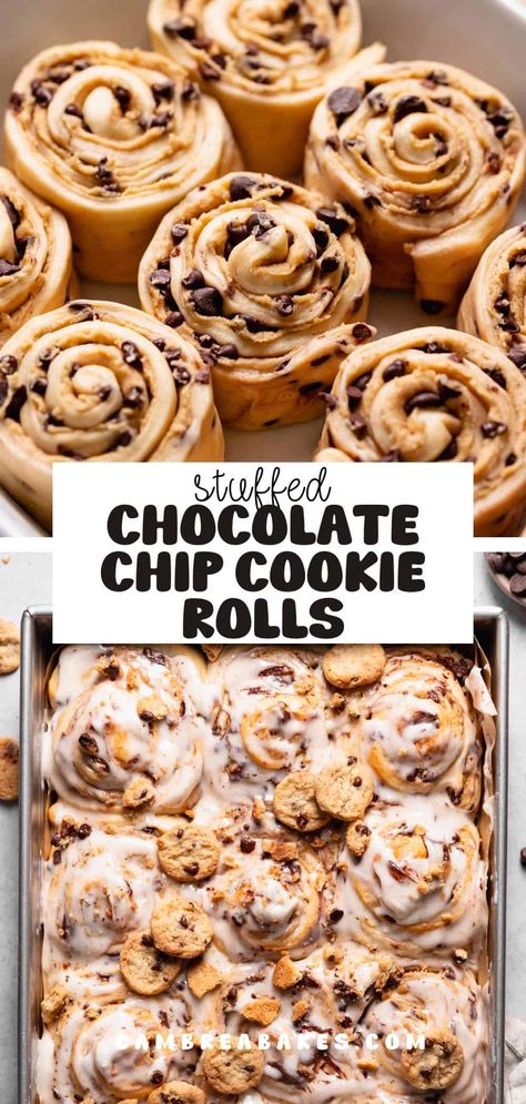 These chocolate chip cookie rolls are classic bakery-style cinnamon rolls stuffed with chocolate chip cookie dough! After baking, they're oozing with gooey chocolate and topped with a creamy vanilla bean glaze. Bakery Style Baked Goods, Chocolate Chip Rolls, Cookie Stuffed Cinnamon Rolls, Chocolate Chip Cookie Cinnamon Rolls, Brownie Cinnamon Rolls, Cookie Cinnamon Rolls Recipe, Cinnamon Roll Filling Ideas, Cookie Dough Cinnamon Rolls, Different Kinds Of Cinnamon Rolls