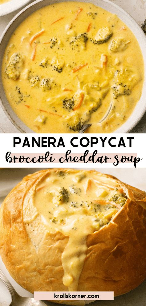 This Copycat Panera Broccoli Cheddar Soup is loaded with sharp cheddar cheese and broccoli and delicious served in a bread bowl! Cheddar Broccoli Bread Bowl, Broccoli Soup In Bread Bowl, Panera Bread Broccoli Cheddar Soup Copycat Recipe, Broccoli Cheddar Soup Bread Bowl, Broccoli Cheese Soup Bread Bowl, Broccoli Cheddar Tortellini Soup, Panama Broccoli Cheese Soup, Copycat Mcalisters Broccoli Cheddar Soup, Bro I’ll Cheddar Soup