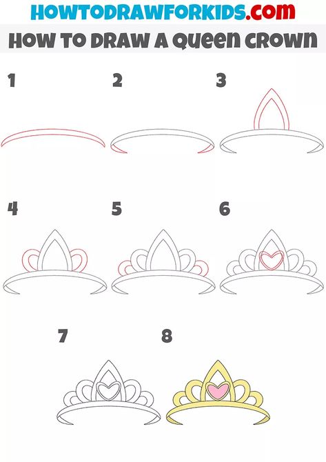 Crown Step By Step Drawing, Crown Canvas Painting, How To Draw A Tiara, How To Draw A Crown Step By Step, How To Draw A Crown, Queen Crown Drawing, Crown For A Queen, Princess Crown Drawing, A Queen Crown