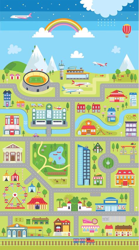 Hobon Printing: Town Play Mat | Mazes, Maps and Towns City Maps Illustration, Town Drawing, Cartoon Map, Perjalanan Kota, Breakup Picture, Map Activities, Preschool Colors, Maps For Kids, Seni Dan Kraf