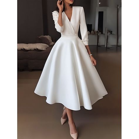 Cocktail Dress White Classy, Elegant Wedding Party Dress, White Sleeve Wedding Dress, Midi White Wedding Dress, Wedding Reception Dress Modest, City Hall Wedding Dress Midi, Short White Off The Shoulder Dress, Fall Wedding Gowns Sleeve, Midi Wedding Gown