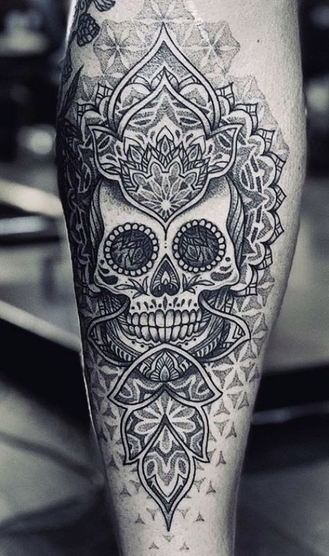 Sugar Skull Tattoo on Leg with Geometric Line and dot work. #legtattoos #tattoosformen Front Calf Tattoo Men, Front Of Calf Tattoo, Skull Shin Tattoo, Men Shin Tattoo, Skull Calf Tattoo, Mens Shin Tattoo, Front Shin Tattoo Men, Geometric Skull Tattoo Design, Mandala Skull Tattoo Design