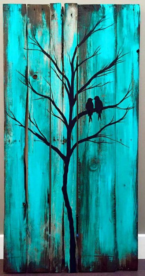 Teal Lovebirds Tre Kunst, Wood Pallet Art, Fence Art, Soyut Sanat Tabloları, Pallet Crafts, Pallet Painting, Pallet Art, Driftwood Art, Painting Projects