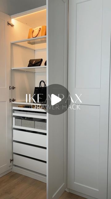 Nesrine | interior & organizing on Instagram: "Ikea Pax drawer hack 👗 link in bio (Amazon storefront)

In a Pax wardrobe with doors, it’s not possible to place a drawer at the bottom due to protruding hinges.

By replacing the hinges with refrigerator hinges, it becomes possible to install a drawer at the bottom.

The drawer at the bottom is not obstructed by the hinges and can be easily used.
The doors need to be readjusted by installing a refrigerator hinge.
To attach the new hinge, I removed the white plate and used the screws from the IKEA hinge, ensuring a secure fit.
#ikea #ikeahack #ikeapax #closettour #aesthetic #organizedhome" Small Ikea Pax Wardrobe, Ikea Pax With Doors, Pax With Doors, Ikea Pax Drawers, Pax Wardrobe With Doors, Ikea Hinge, Ikea Pax Closet Small Spaces, Pax Built In, Pax Door Hack