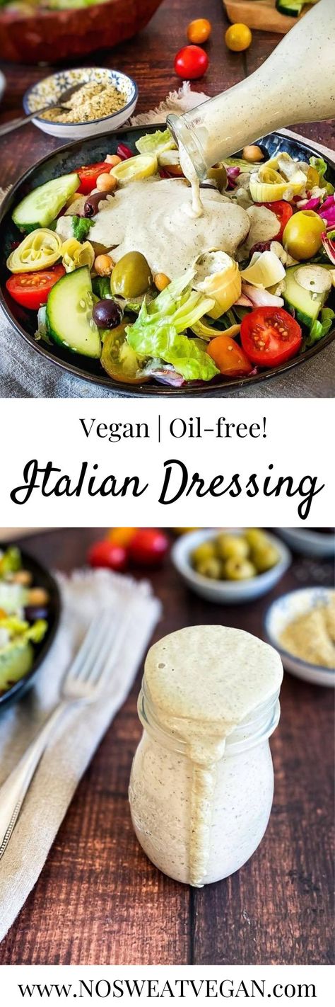 This Vegan Italian Dressing is rich and creamy, yet oil-free! With cashews and just a handful of pantry ingredients, you can whip up this versatile plant-based dressing in minutes. Perfect topping salads or roasted potatoes, or thicken it up for a decadent veggie dip. #veganitaliandressing #vegansaladdressing #oilfreesaladdressing #creamyitaliandressing #creamyveganitaliandressing #cashewdressing #dairyfreedressing #sugarfreedressing Vegan Vegetable Sauce, Vegan Italian Dressing, Wfpb Sauces, Italian Dressing Recipe, Creamy Italian Dressing, Vegan Salad Dressing Recipes, Vegan Dressings, Vegan Dips, Oil Free Vegan Recipes