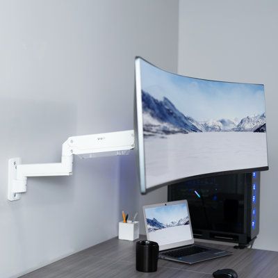 Win back valuable desk space with the Pneumatic Arm Single Ultrawide Monitor Wall Mount (MOUNT-V101G1W) from VIVO! Elevate your ultra wide screen to an ergonomic height and adjust the viewing angle with just the touch of a hand. Easily create a floating setup with this heavy duty wall-mounted arm. Featuring high quality aluminum construction, flexible joints, smooth pneumatic height adjustment, integrated cable management, and more, this mount is ready to transform your workspace. The versatilit Floating Desk With Shelves, Wall Mount Computer Monitor, Wall Mounted Computer Monitor, Ultra Wide Monitor Setup, Monitor On Wall, Joes Special, Wall Mount Monitor, Mounted Monitor, Kitchen Bright