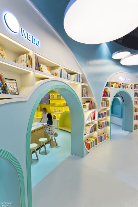 Panorama Design Group Creates a Playful Kids Bookshop in Chengdu Bookstore Interior Design, Bookstore Interior, Bookstore Design, Kindergarten Interior, Classroom Interior, Children's Library, Kids Cafe, Kindergarten Design, Custom Shelving