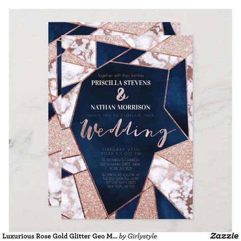 Luxurious Rose Gold Glitter Geo Marble Wedding Invitation Marble Wedding Invitation, Marble Invitation Wedding, Rose Gold Wedding Decor, Rose Gold Wedding Invitations, Marble Wedding, Navy Blue Wedding, Theme Color, Simple Wedding Invitations, Modern Invitation