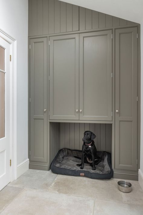 The Clandon Farm House Kitchen | Shere Kitchens - beautiful kitchens handmade in Shere Guildford Surrey Mudroom Dog Room, Built In Dog Bed, Dog Nook, Dog Cabinet, Boot Room Utility, Utility Room Designs, Dog Room Decor, Guildford Surrey, Mudroom Laundry Room