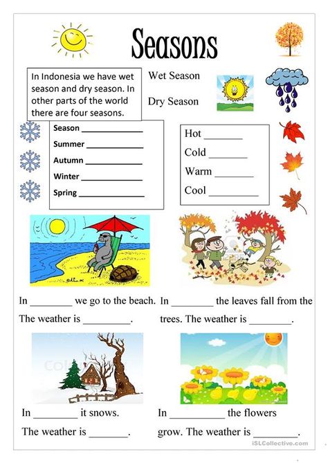 Season - English ESL Worksheets for distance learning and physical classrooms Kindergarten Seasons, Seasons Kindergarten, Seasons Worksheets, Weather Worksheets, Materi Bahasa Inggris, Math Practice Worksheets, Seasons Months, First Grade Worksheets, Seasons Activities