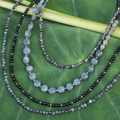 UNICEF Market | Labradorite and Grey Quartz Necklace - Night Falls  $41.99 Novica Jewelry, Grey Quartz, Gemstone Beaded Necklace, Printed Jewelry, Labradorite Beads, Woodworking Ideas, Handcrafted Earrings, Elegant Necklaces, Quartz Necklace