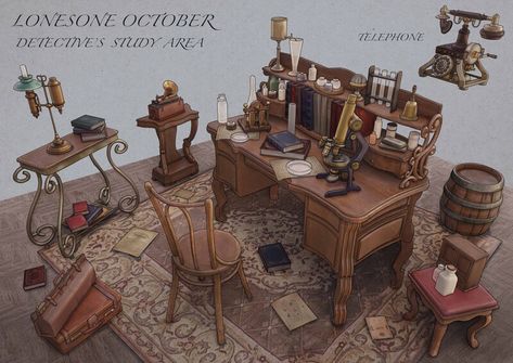 ArtStation - Lonesome October -Detective's Study Area, Hsiao Tuo-Shen Steampunk Detective, Props Art, Study Area, Environment Art, Study Areas, Prop Design, Environmental Art, Detective, Concept Design