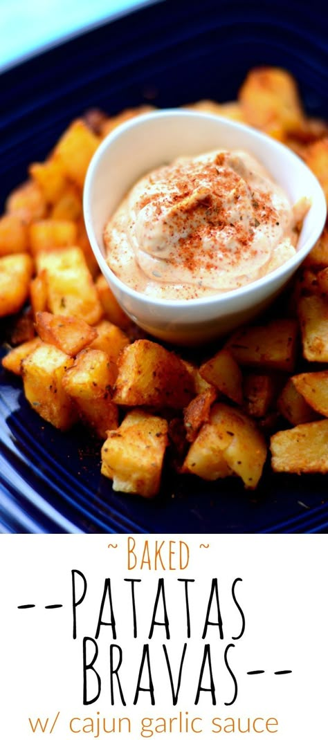 Celebrate National Potato Day and National Hot and Spicy Day with these gorgeously BAKED Patatas Bravas - the best and my favourite in any Spanish Tapas Menu!  Served with my own version of the Bravas sauce - garlic and cajun mayo - this < 30 minute appet Cajun Mayo, Bravas Sauce, National Potato Day, Tapas Party, Tapas Menu, Tapas Recipes, Hot And Spicy, Spanish Tapas, Spanish Dishes