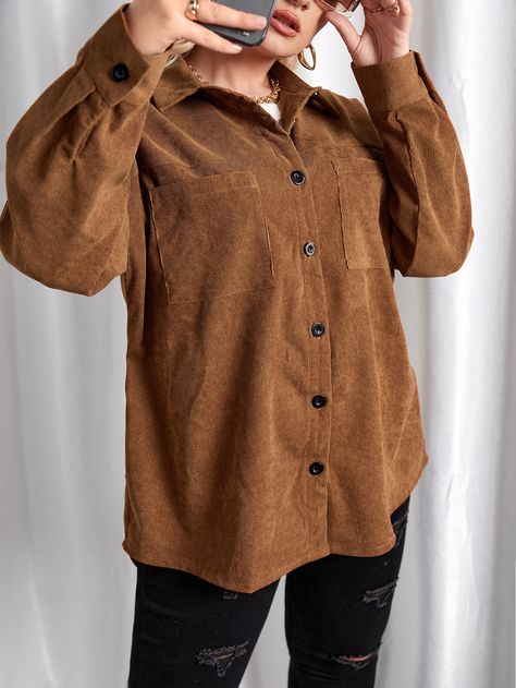 Jacket Brown Outfit, Brown Shirt Outfit, Plus Size Jackets, Fall Plus Size, Hijab Style Casual, Brown Shirt, Hijab Style, Corduroy Jacket, Moda Casual