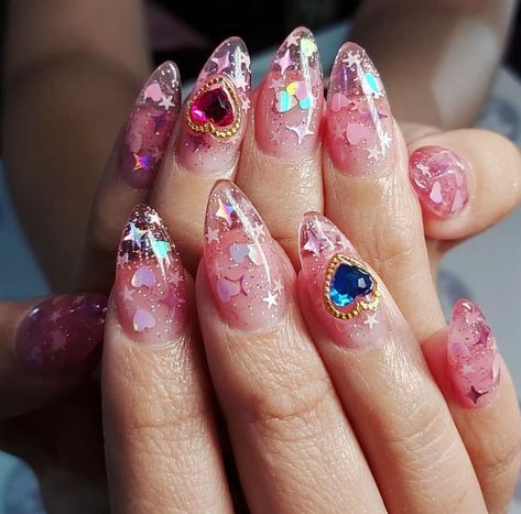 Sailor Moon Nails, Clear Acrylic Nails, Korean Nails, Really Cute Nails, Jelly Nails, Kawaii Nails, Crystal Nails, Nail Charms, Dream Nails