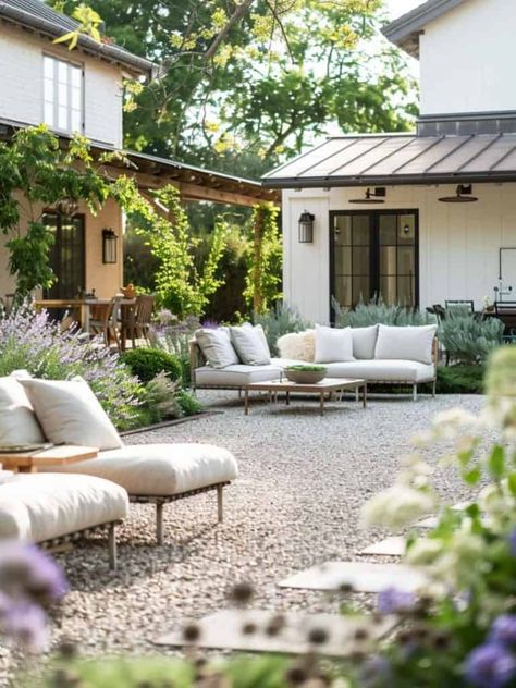 30 Gorgeous Gravel Patios: Affordable Outdoor Elegance Gravel Patio Off Deck, Pebble Gravel Patio, English Garden Patio Furniture, European Outdoor Space, Outdoor Gravel Sitting Area, Country Patio Ideas, Outdoor Courtyard Ideas, Pea Gravel Landscaping, Gravel Fire Pit Area