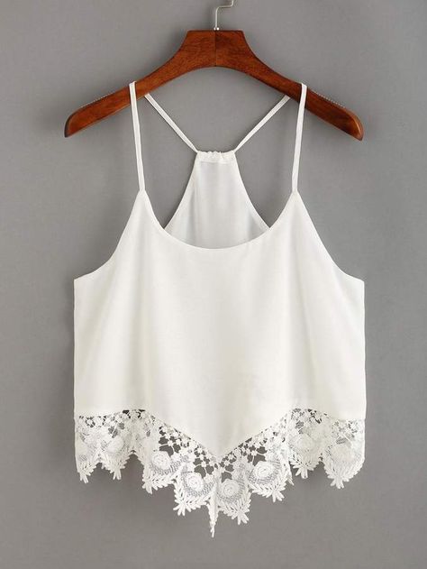 Shein Lace Trimmed Racerback Chiffon Cami Top Chiffon Cami Tops, Cropped White Shirt, Cami Outfit, White Lace Crop Top, Lace Trim Tank Top, White Crop Top Tank, Chiffon Tank Tops, Tank Top White, White Chiffon